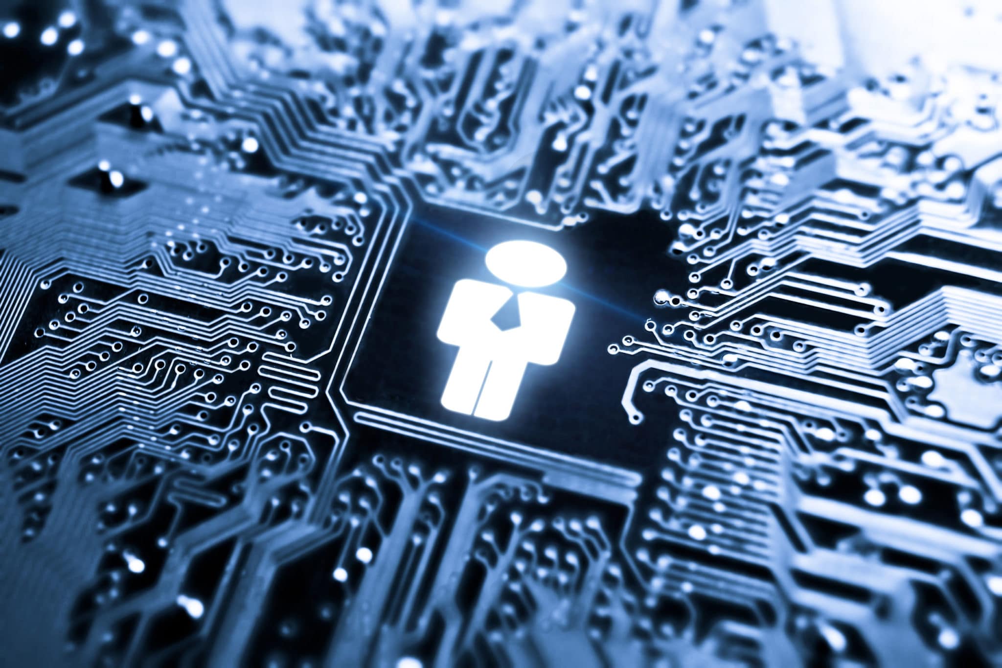 computer chip with a businessman logo on it representing intelligent hiring