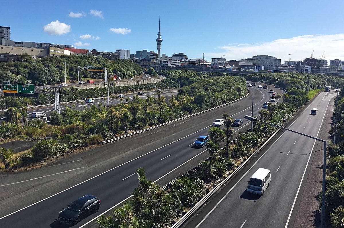 Aerial view of rush hours traffic on Auckland Central Motorway Junction Carrying around 200,000 vehicles a day, it is one of the busiest stretches of road in New Zealand.