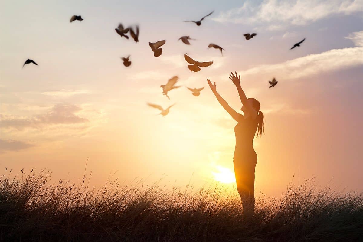 Woman enjoying nature on sunset background; unconscious bias and hiring software concept