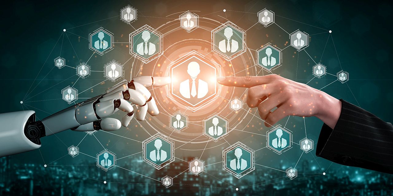 a human hand and robot hand touching fingers; successful DEI implementation concept