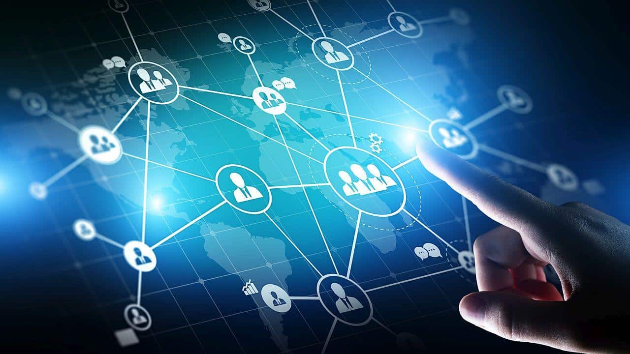 abstract of icons lit in blue; AI international talent acquisition concept