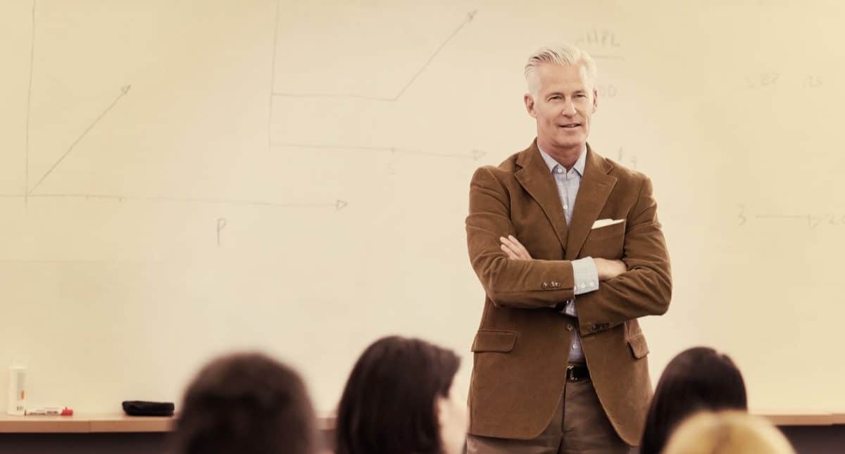 group of students study with professor in modern school classroom, recruitment in academia concept