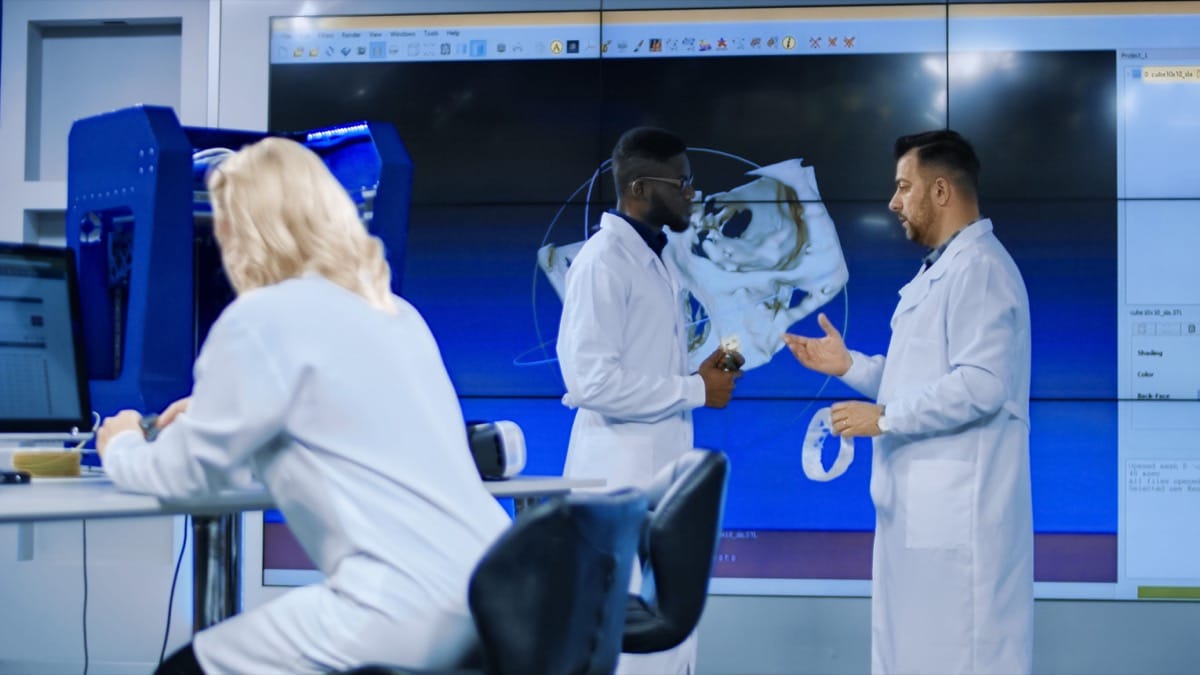 Diverse professional scientists in medical robes having 3-D printed model of human cranium exploring its peculiarities. Concept of clinical trials