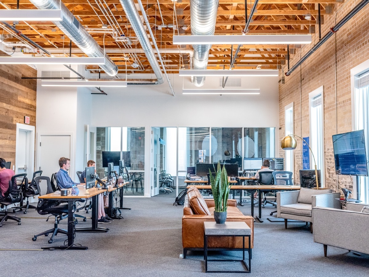 Open floor plan office space, well lit, cosy; Change the World list concept