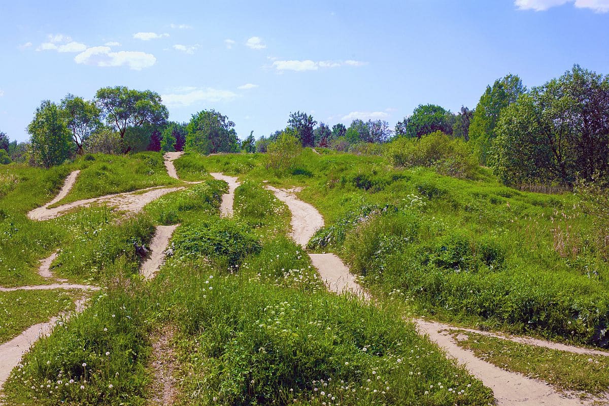 Many tracks of different directions on green hills; hire for skills and capabilities concept