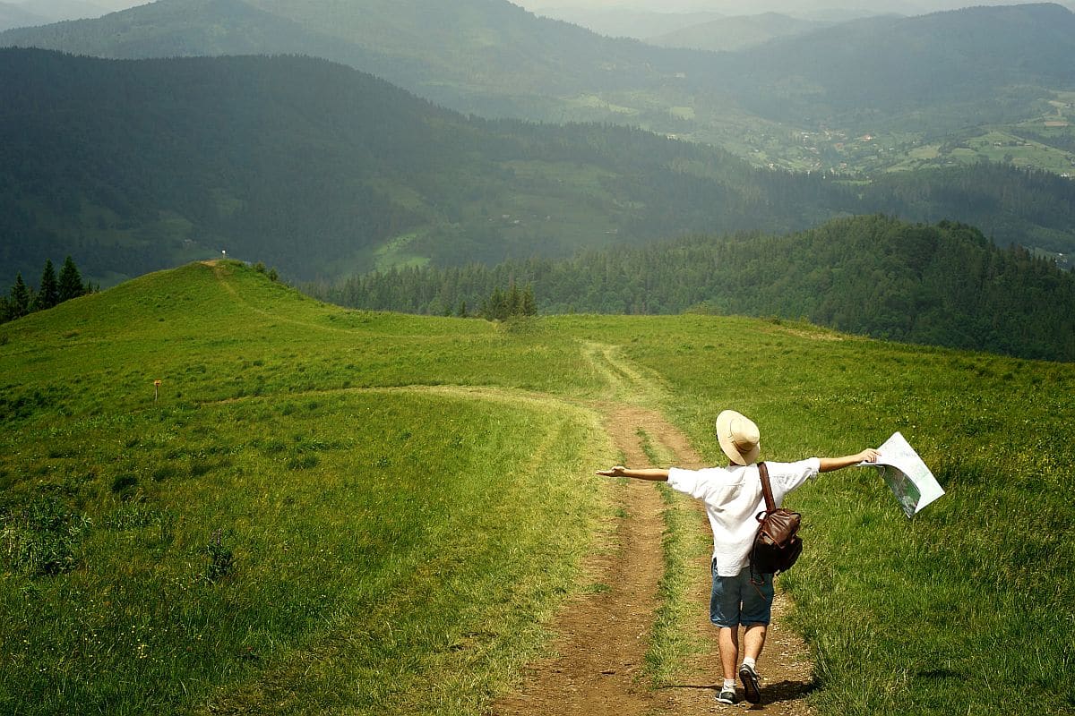 man traveler holding map; Predictive analytics concept