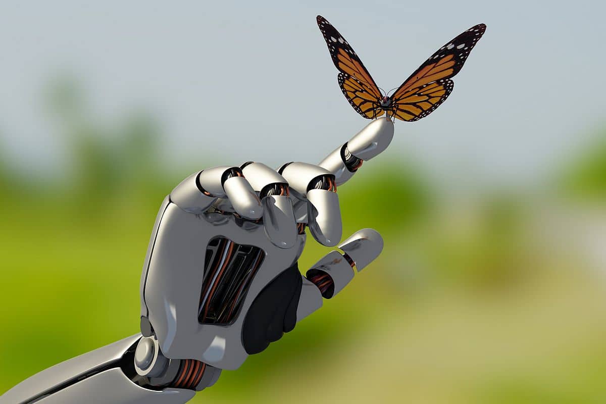 a mechanical arm and a butterfly; Telecommunications Talent concept